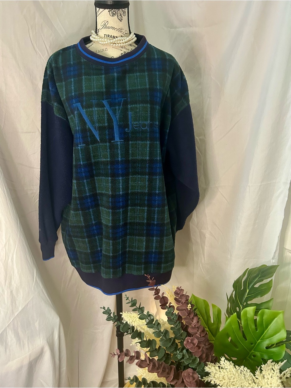 Y2K vintage  Jeans Unisex Plaid Graphic Logo Fleece  Pullover Sweatshirt S